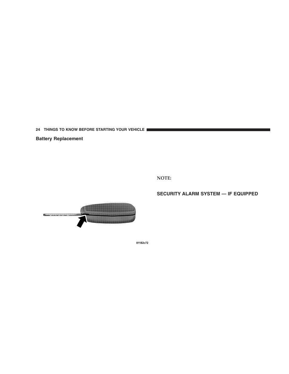 Battery replacement, Security alarm system — if equipped | Dodge 2005 Durango User Manual | Page 24 / 416