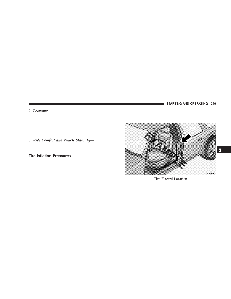 Tire inflation pressures | Dodge 2005 Durango User Manual | Page 249 / 416