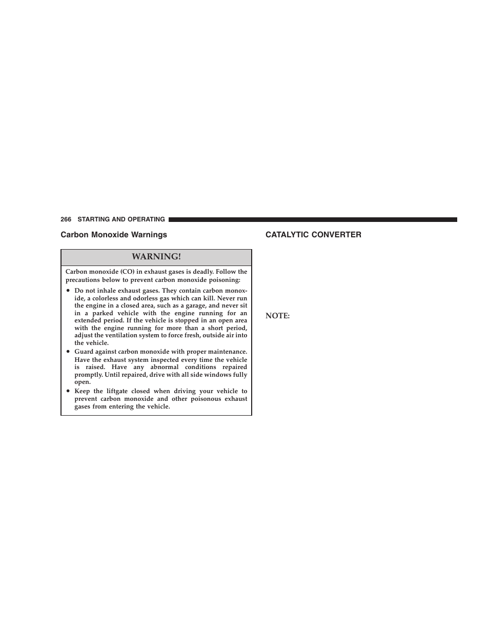 Carbon monoxide warnings, Catalytic converter | Dodge 2005 Durango User Manual | Page 266 / 416