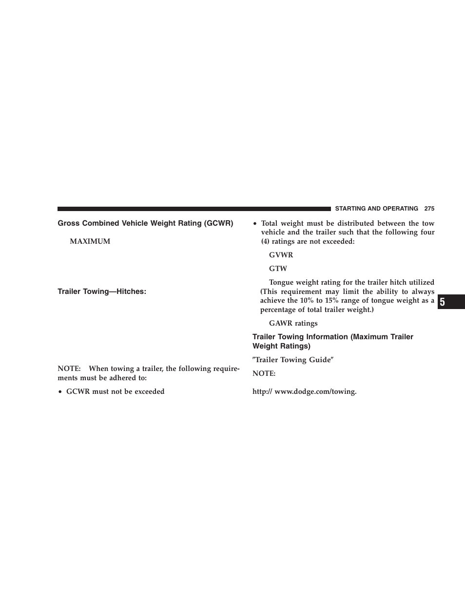 Gross combined vehicle weight rating, Gcwr), Trailer towing—hitches | Trailer towing information (maximum trailer, Weight ratings) | Dodge 2005 Durango User Manual | Page 275 / 416