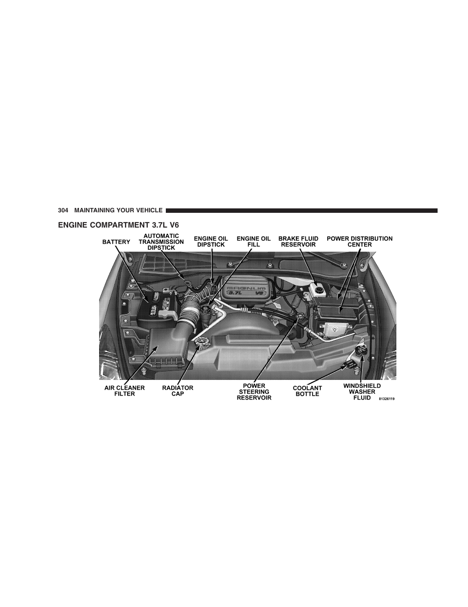 Engine compartment 3.7l v6 | Dodge 2005 Durango User Manual | Page 304 / 416