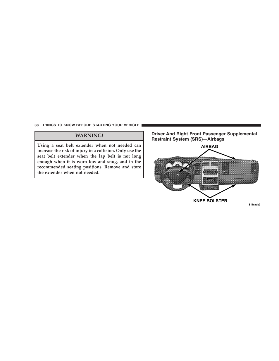 Driver and right front passenger supplemental, Restraint system (srs)—airbags | Dodge 2005 Durango User Manual | Page 38 / 416