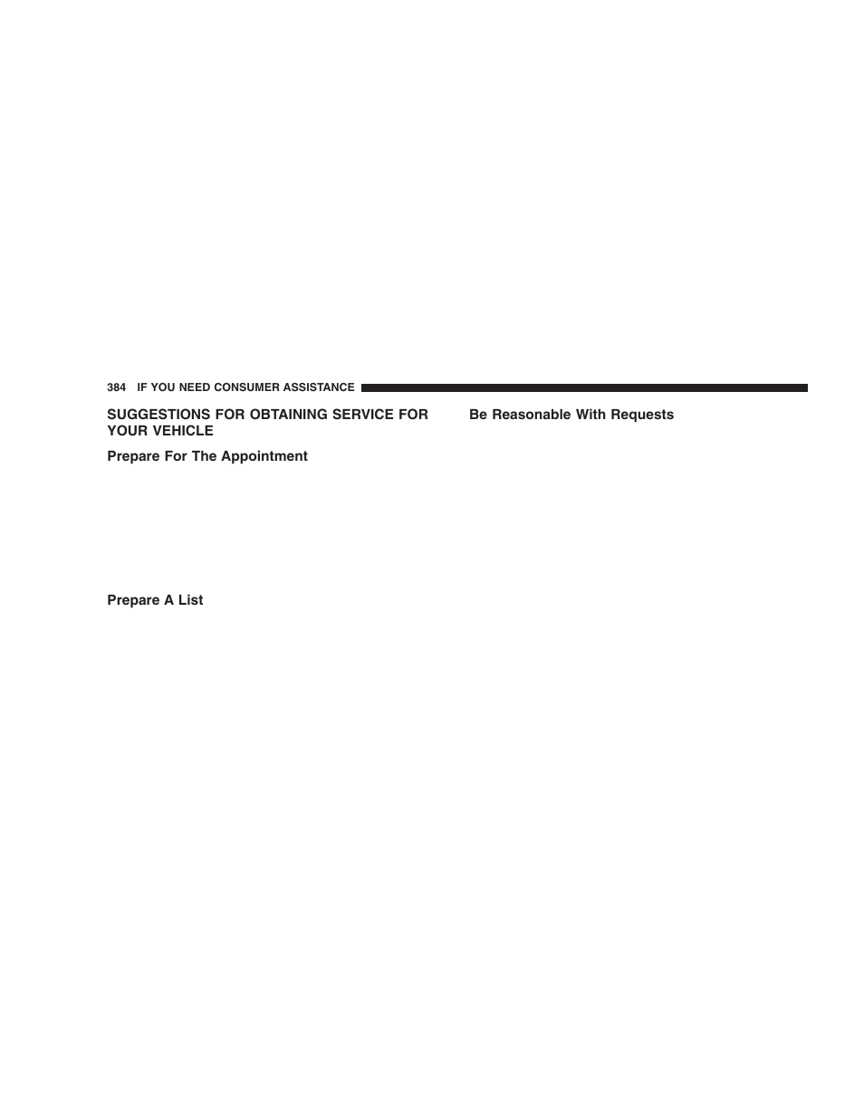 Suggestions for obtaining service for your, Vehicle, Prepare for the appointment | Prepare a list, Be reasonable with requests | Dodge 2005 Durango User Manual | Page 384 / 416