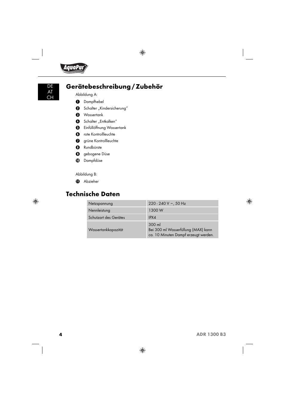 Gerätebeschreibung / zubehör, Technische daten | Aquapur ADR 1300 B3 Handheld Steam Cleaner User Manual | Page 7 / 68