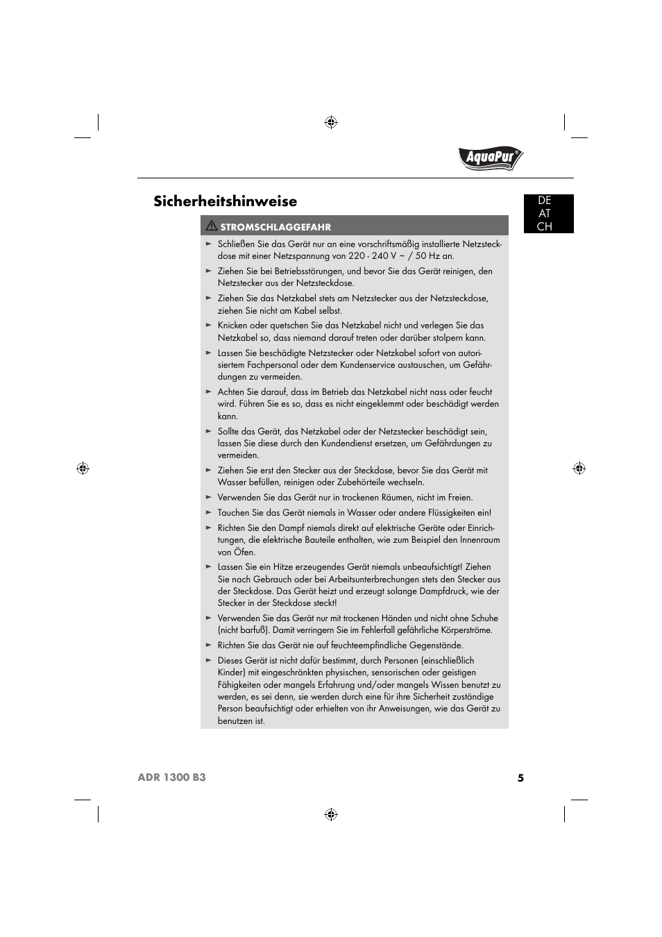 Sicherheitshinweise | Aquapur ADR 1300 B3 Handheld Steam Cleaner User Manual | Page 8 / 68