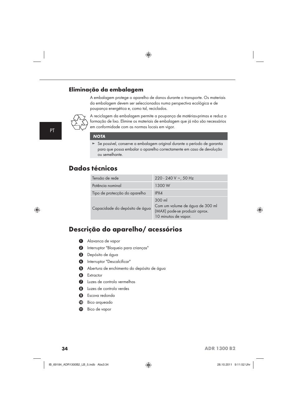 Dados técnicos, Descrição do aparelho/ acessórios, Eliminação da embalagem | Aquapur ADR 1300 B2 Hand Steam Cleaner User Manual | Page 36 / 72