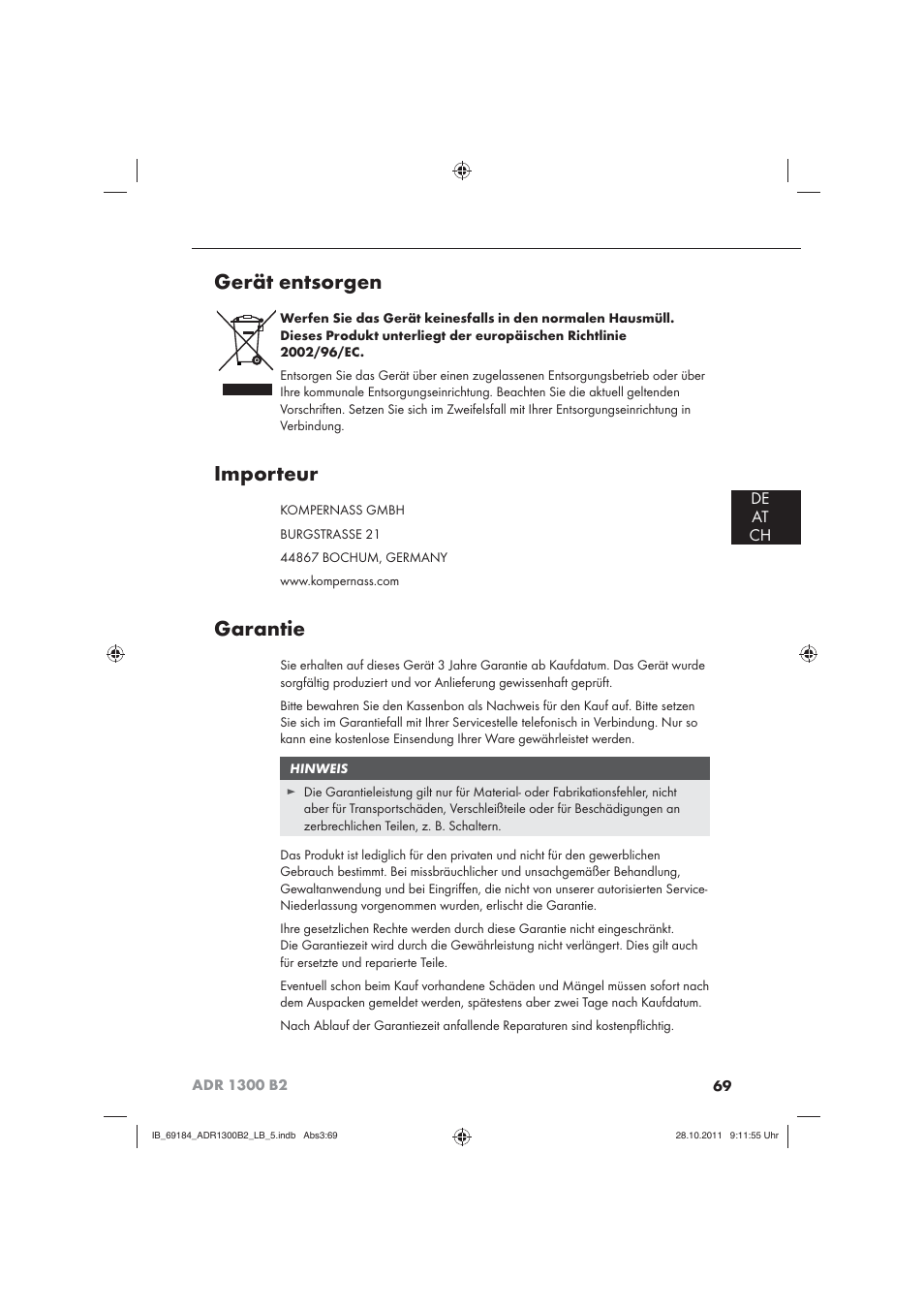 Gerät entsorgen, Importeur, Garantie | Aquapur ADR 1300 B2 Hand Steam Cleaner User Manual | Page 71 / 72