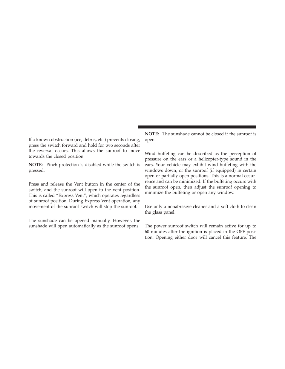 Pinch protect override, Venting sunroof — express, Sunshade operation | Wind buffeting, Sunroof maintenance, Ignition off operation | Dodge 2010 Challenger SRT8 User Manual | Page 147 / 436