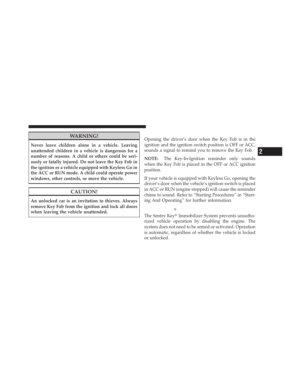 Key-in-ignition reminder, Sentry key | Dodge 2010 Challenger SRT8 User Manual | Page 16 / 436