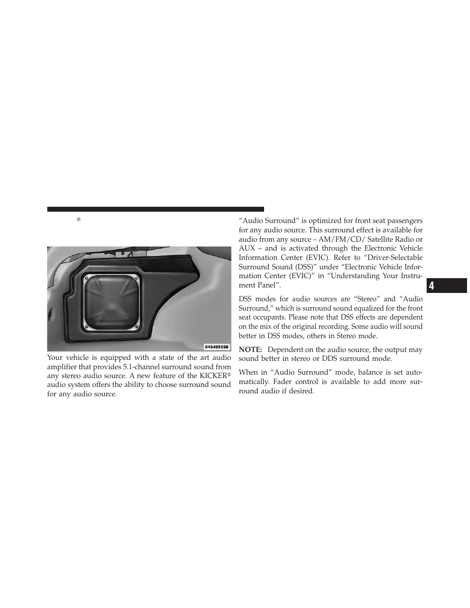 Kicker௡ high performance sound system with, Driver-selectable surround (dss) – if equipped | Dodge 2010 Challenger SRT8 User Manual | Page 222 / 436