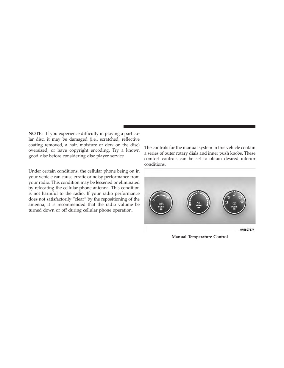 Radio operation and cellular phones, Climate controls, Manual air conditioning and heating system | Manual air conditioning and heating, System | Dodge 2010 Challenger SRT8 User Manual | Page 225 / 436