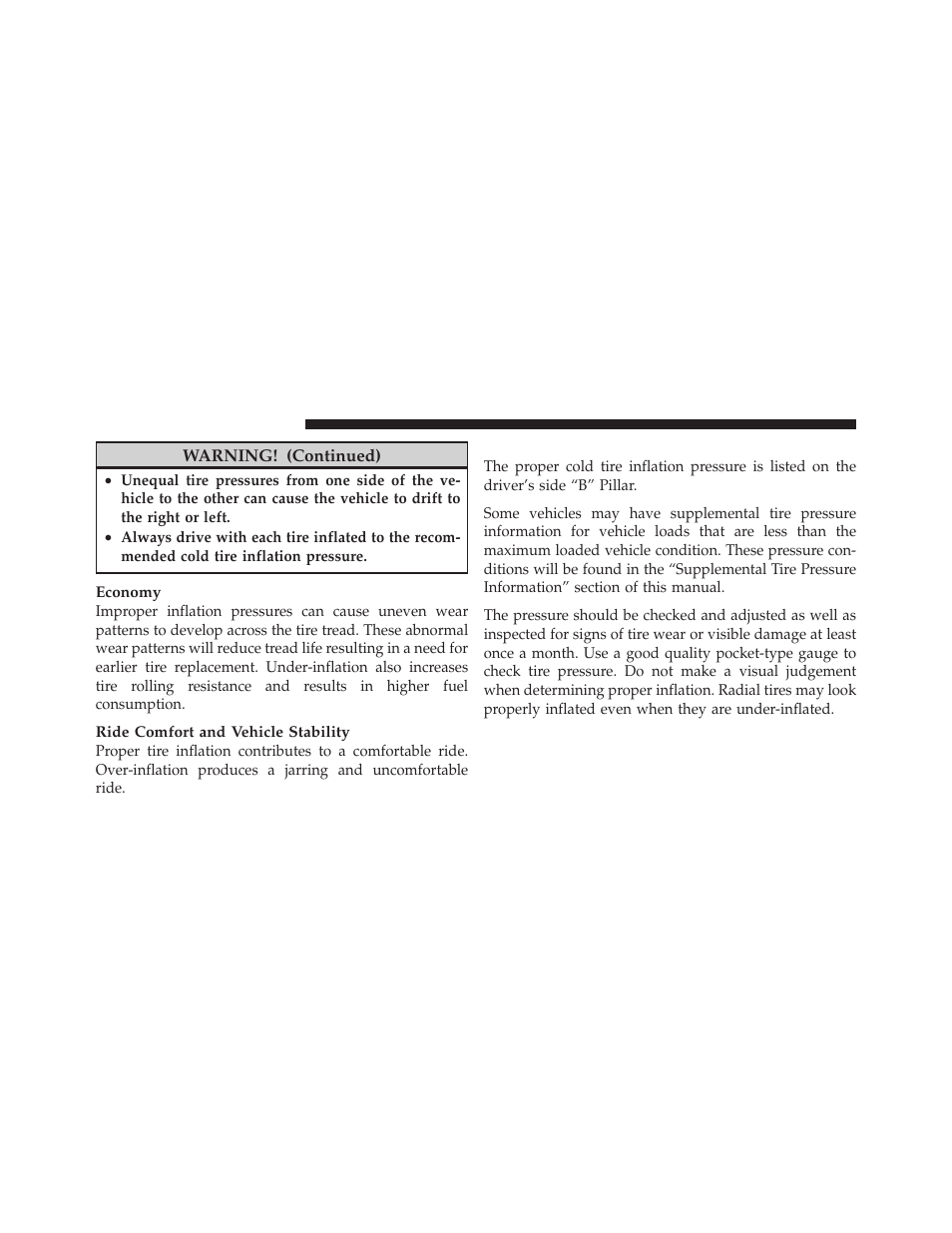 Tire inflation pressures | Dodge 2010 Challenger SRT8 User Manual | Page 291 / 436