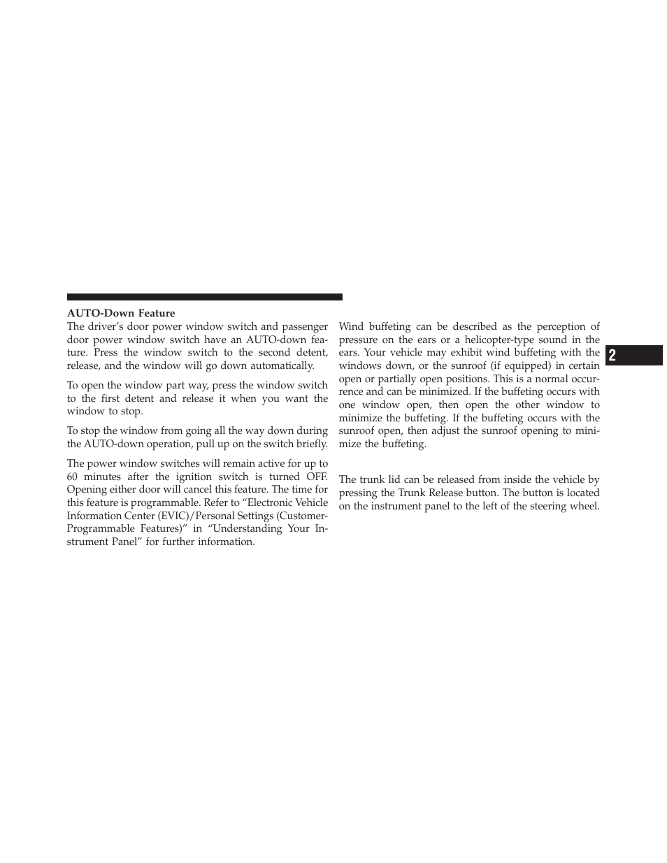 Wind buffeting, Trunk lock and release | Dodge 2010 Challenger SRT8 User Manual | Page 34 / 436