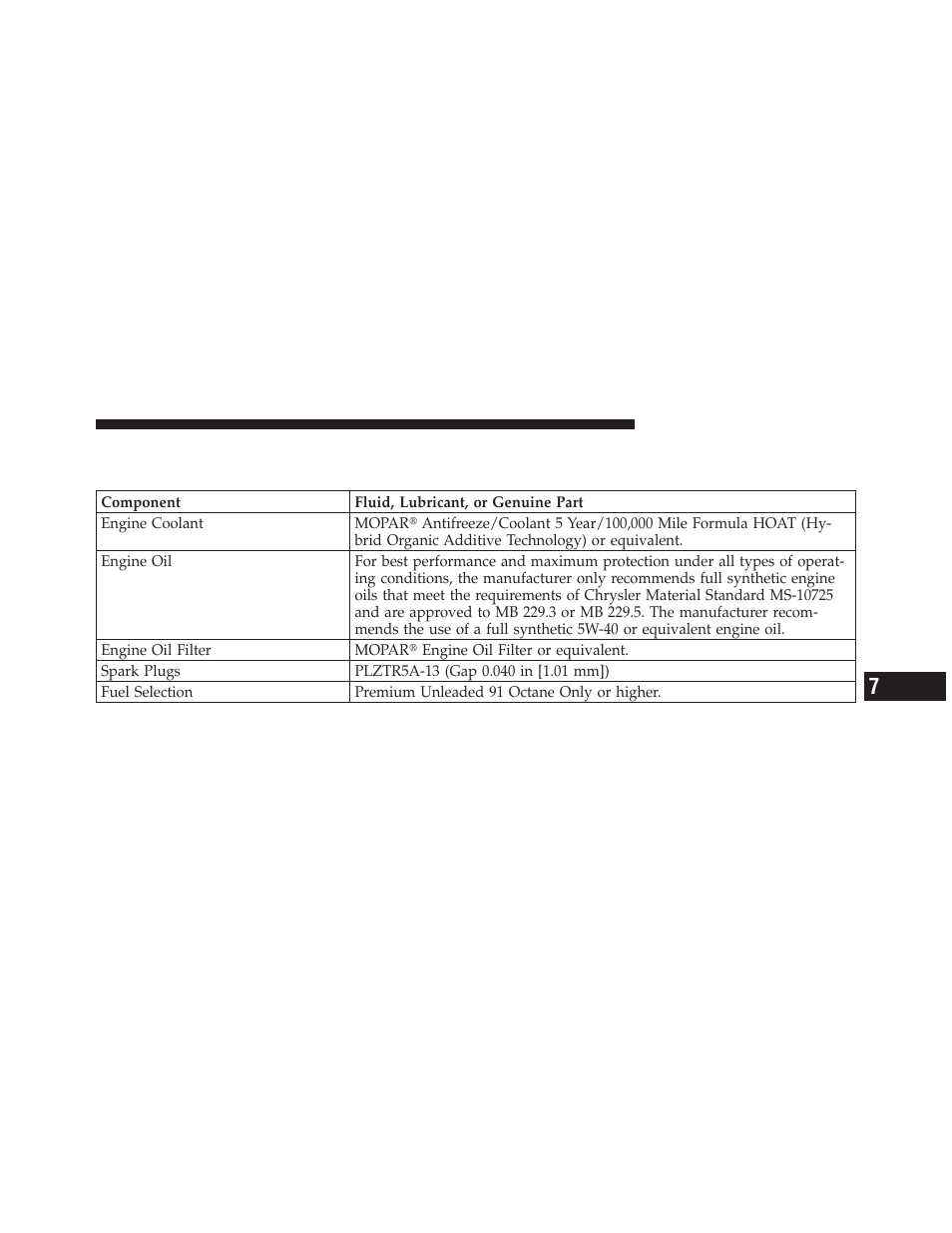 Fluids, lubricants, and genuine parts, Engine | Dodge 2010 Challenger SRT8 User Manual | Page 384 / 436