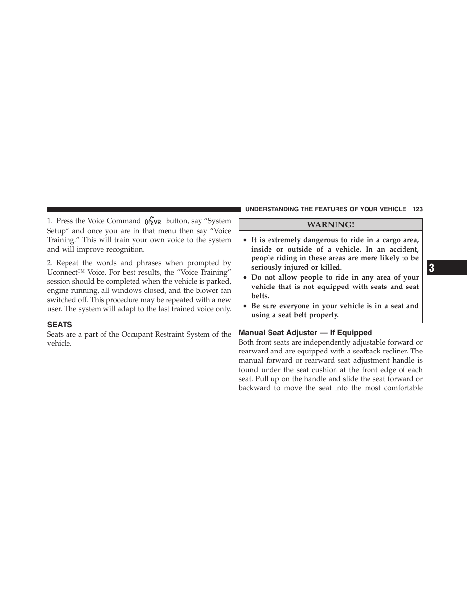 Seats, Manual seat adjuster — if equipped | Dodge 2011 Ram Truck Chassis Cab User Manual | Page 124 / 472