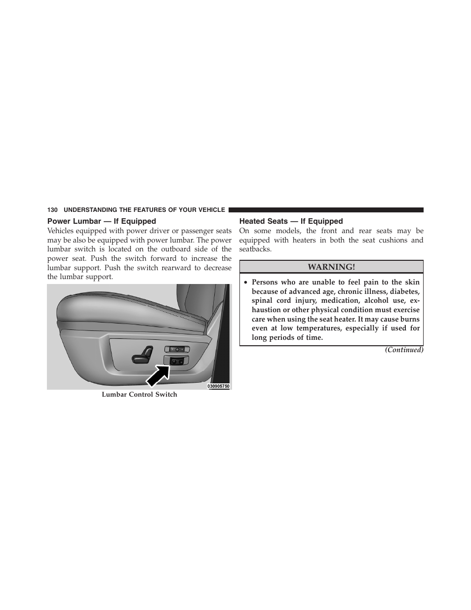 Power lumbar — if equipped, Heated seats — if equipped | Dodge 2011 Ram Truck Chassis Cab User Manual | Page 131 / 472