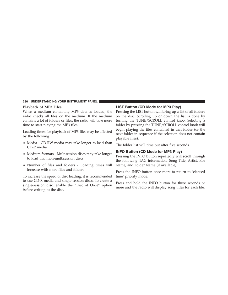 List button (cd mode for mp3 play), Info button (cd mode for mp3 play) | Dodge 2011 Ram Truck Chassis Cab User Manual | Page 231 / 472