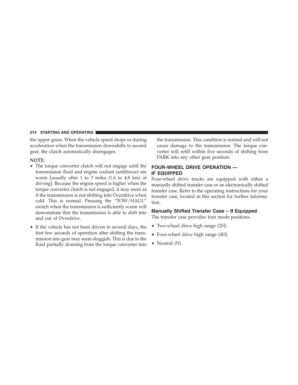 Four-wheel drive operation — if equipped, Manually shifted transfer case – if equipped, Manually shifted transfer case | If equipped | Dodge 2011 Ram Truck Chassis Cab User Manual | Page 275 / 472