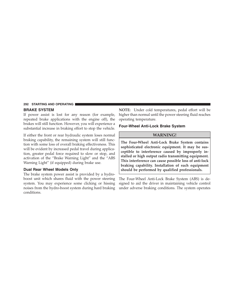 Brake system, Dual rear wheel models only, Four-wheel anti-lock brake system | Dodge 2011 Ram Truck Chassis Cab User Manual | Page 293 / 472