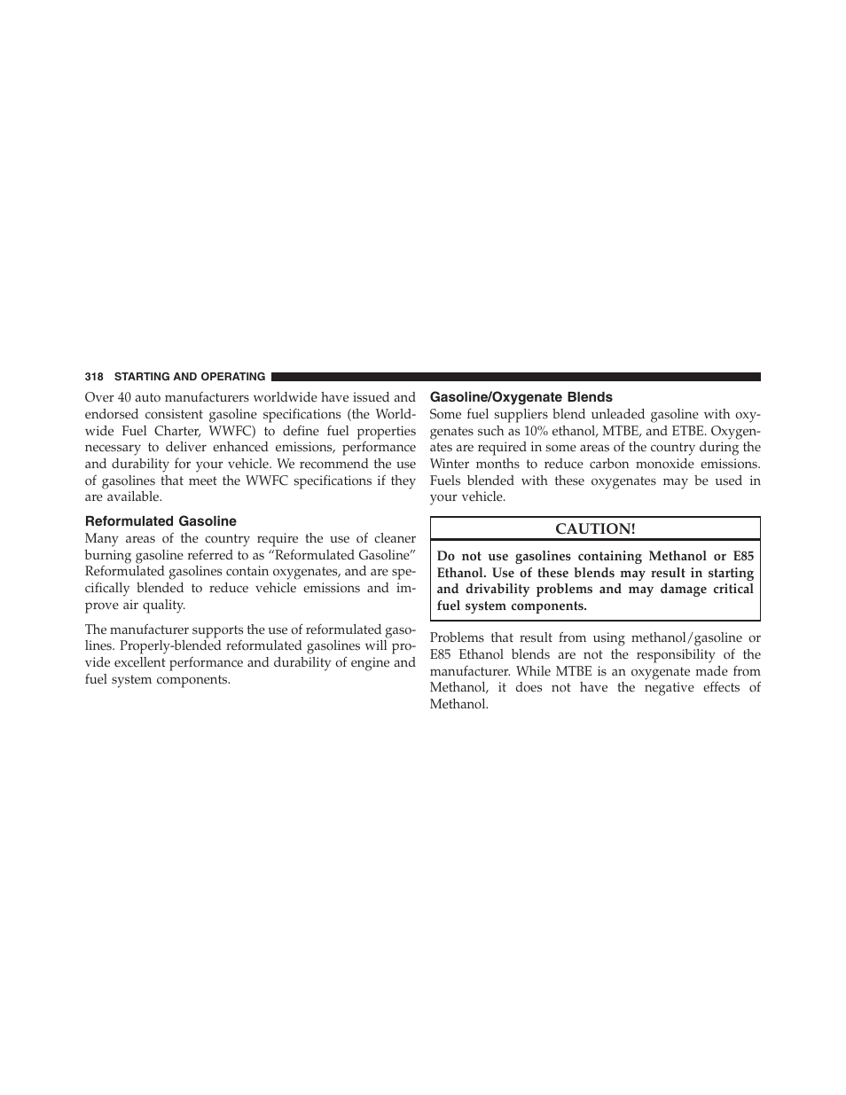 Reformulated gasoline, Gasoline/oxygenate blends | Dodge 2011 Ram Truck Chassis Cab User Manual | Page 319 / 472