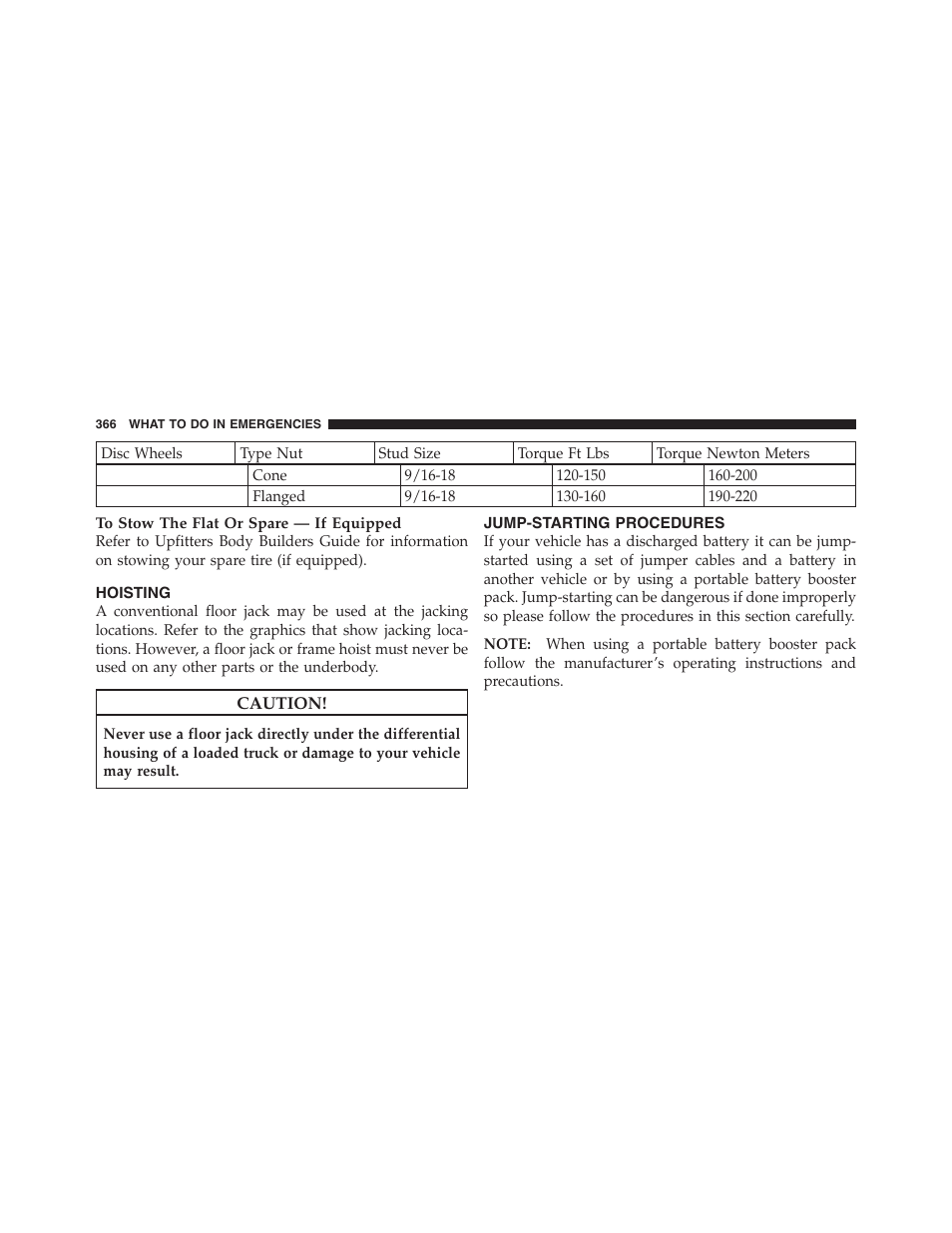 Hoisting, Jump-starting procedures | Dodge 2011 Ram Truck Chassis Cab User Manual | Page 367 / 472