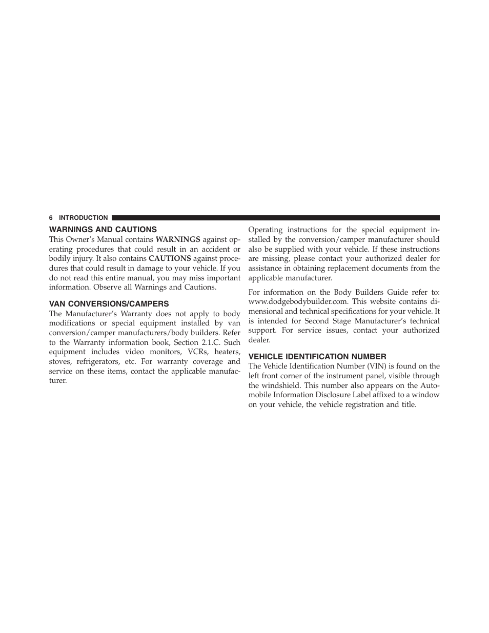 Warnings and cautions, Van conversions/campers, Vehicle identification number | Dodge 2011 Ram Truck Chassis Cab User Manual | Page 7 / 472