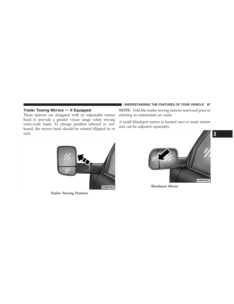 Trailer towing mirrors — if equipped | Dodge 2011 Ram Truck Chassis Cab User Manual | Page 88 / 472