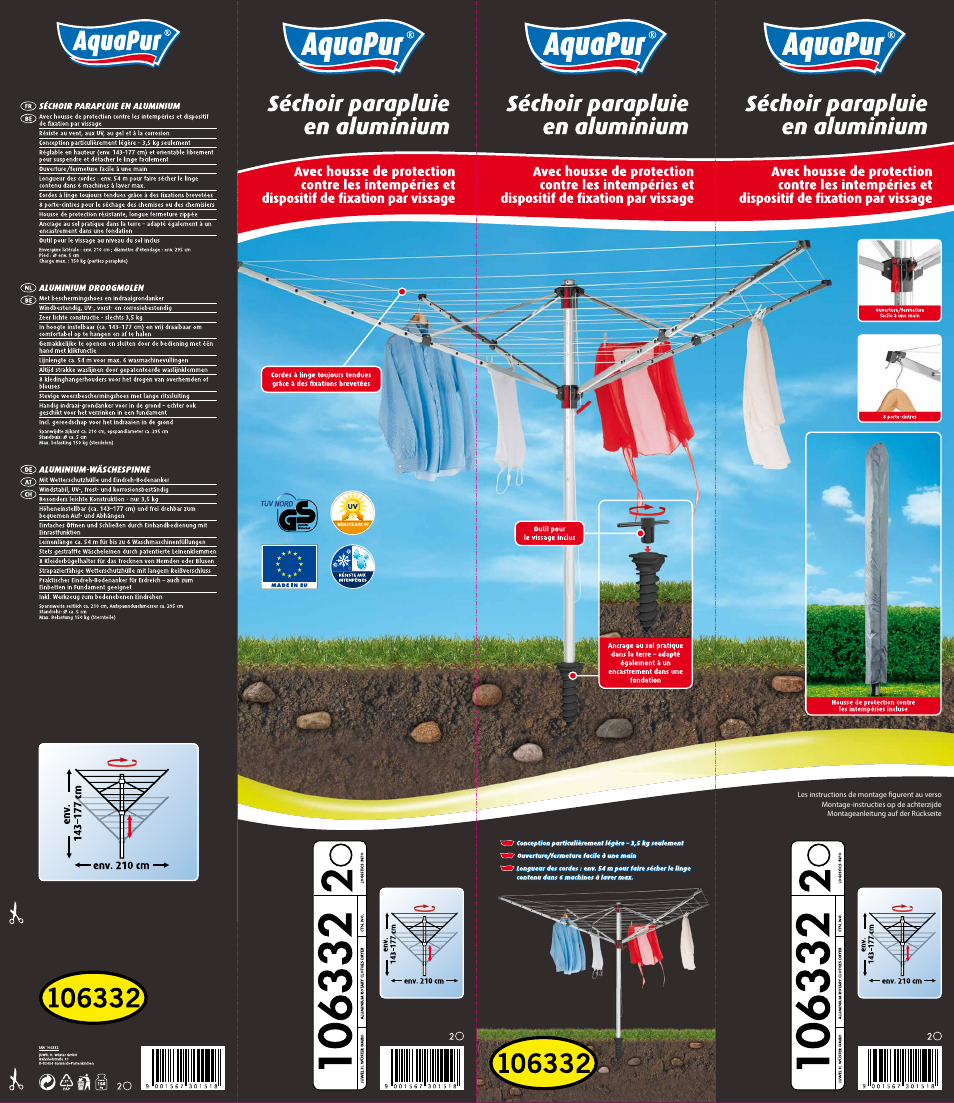 Aquapur 106332 Aluminium Rotary Clothes Dryer User Manual | 2 pages