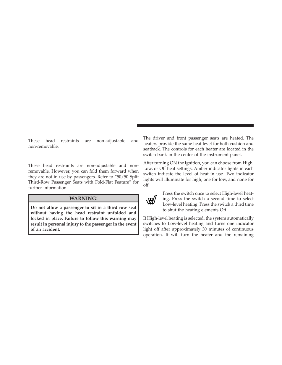 Second row passenger seats, Third row passenger seats — seven passenger models, Heated seats — if equipped | Third row passenger seats — seven, Passenger models | Dodge 2010 Journey User Manual | Page 109 / 512