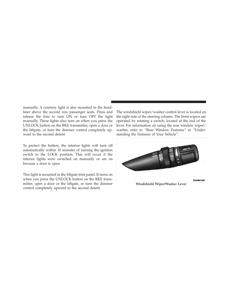 Battery saver feature, Cargo light, Windshield wipers and washers | Dodge 2010 Journey User Manual | Page 129 / 512
