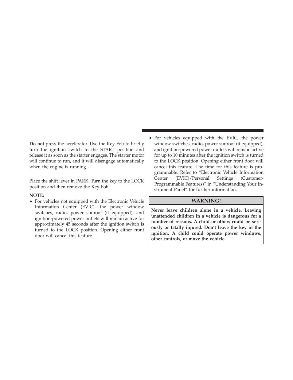 Tip start feature, Removing key fob from ignition | Dodge 2010 Journey User Manual | Page 15 / 512