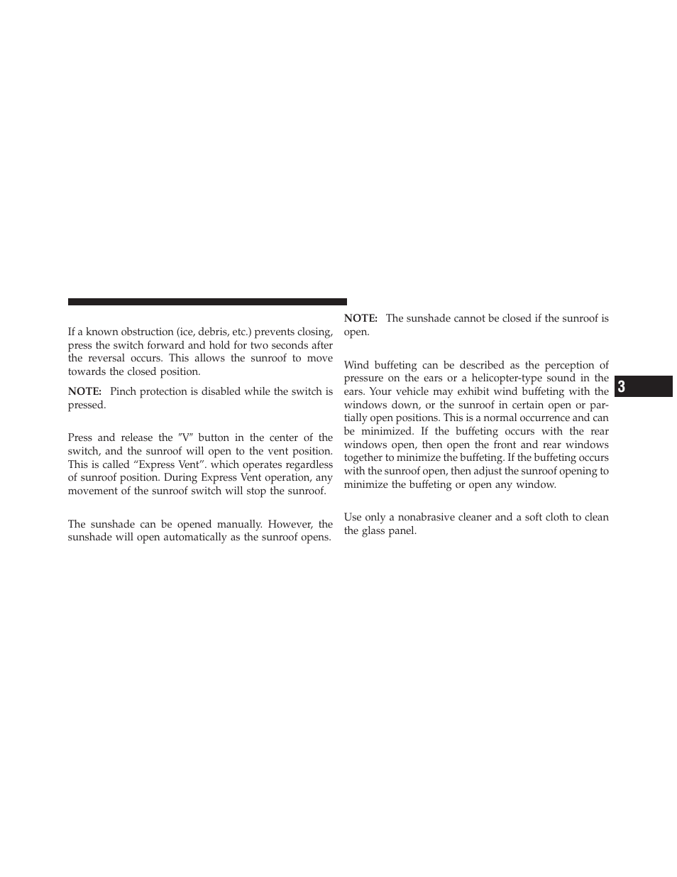 Pinch protect override, Venting sunroof — express, Sunshade operation | Wind buffeting, Sunroof maintenance | Dodge 2010 Journey User Manual | Page 150 / 512