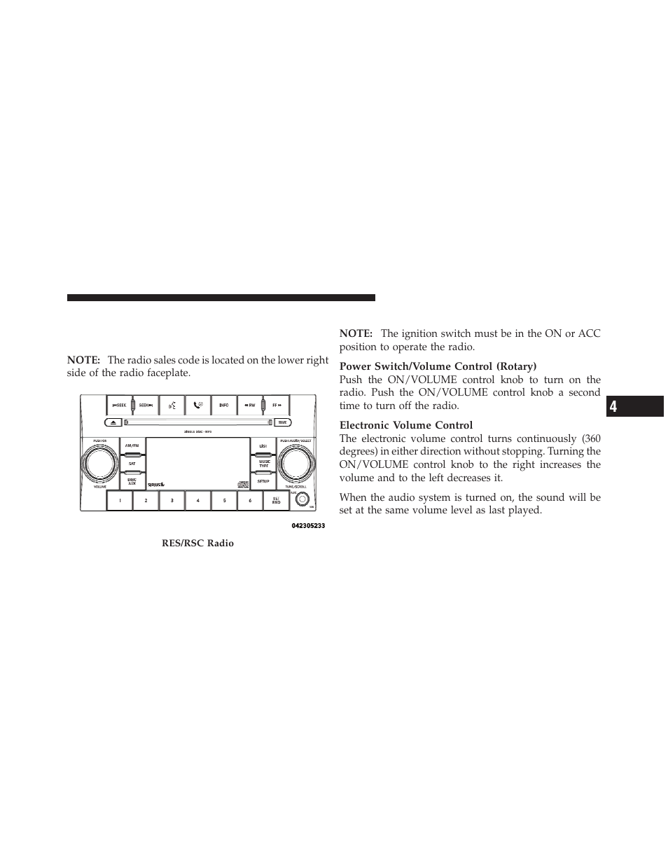 Operating instructions — radio mode, Media center 130 (res/rsc) — am/fm | Dodge 2010 Journey User Manual | Page 240 / 512