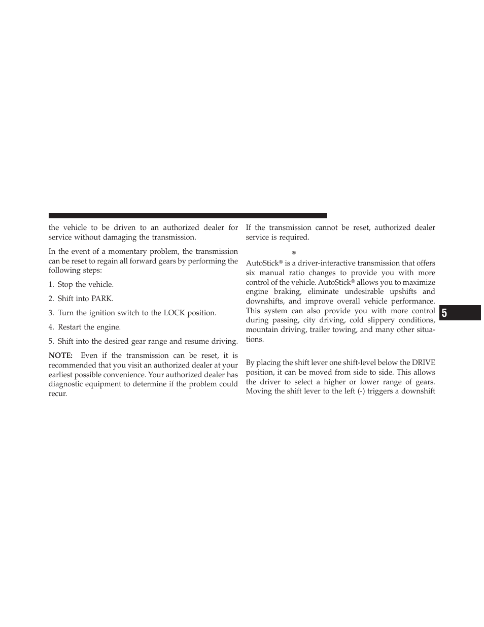 Autostick — if equipped, Operation, Autostick௡ — if equipped | Dodge 2010 Journey User Manual | Page 306 / 512