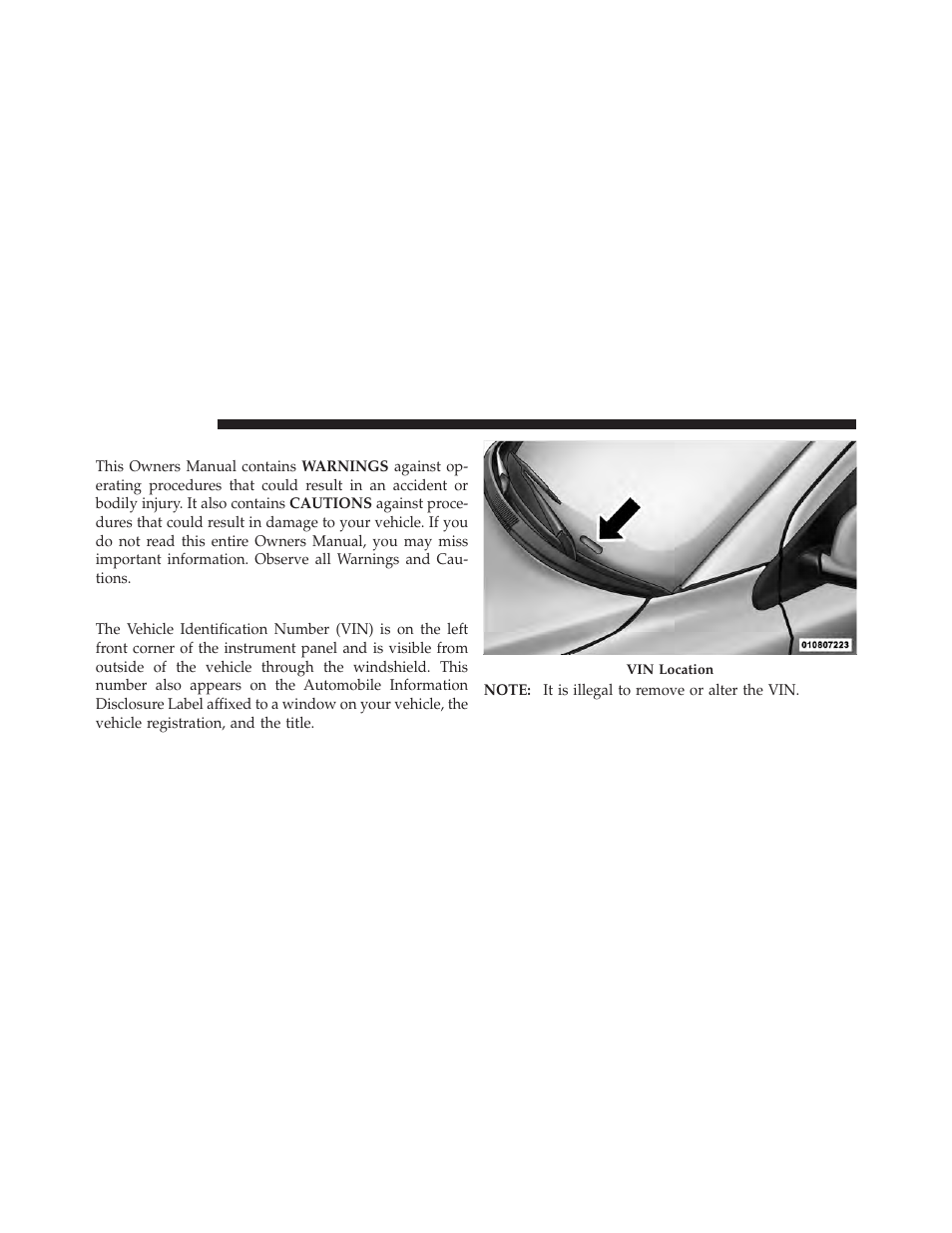 Warnings and cautions, Vehicle identification number | Dodge 2010 Journey User Manual | Page 7 / 512