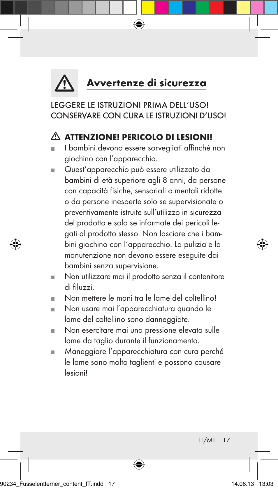 Avvertenze di sicurezza | Aquapur Z31511 Lint Remover User Manual | Page 17 / 45