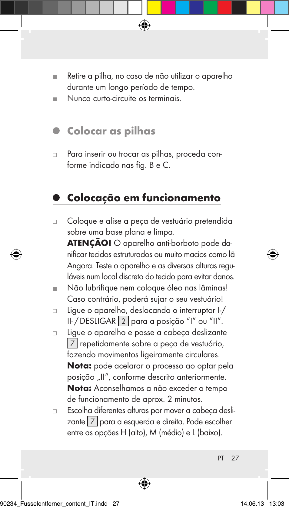 Colocar as pilhas, Colocação em funcionamento | Aquapur Z31511 Lint Remover User Manual | Page 27 / 45
