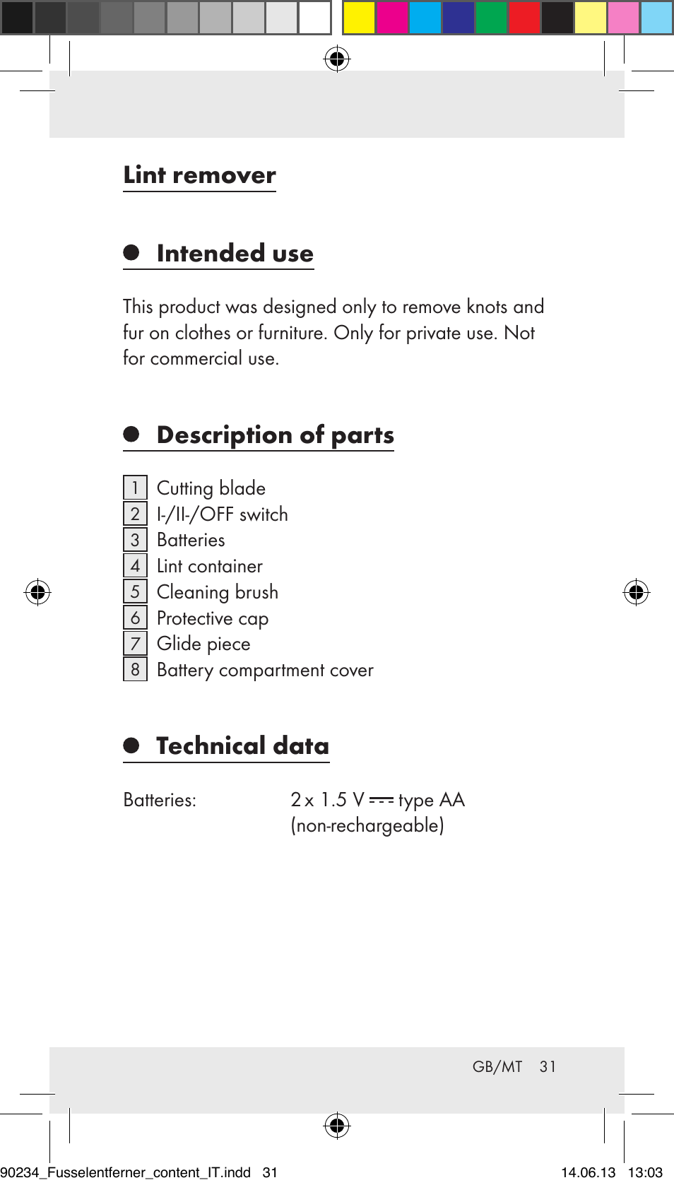 Lint remover intended use, Description of parts, Technical data | Aquapur Z31511 Lint Remover User Manual | Page 31 / 45