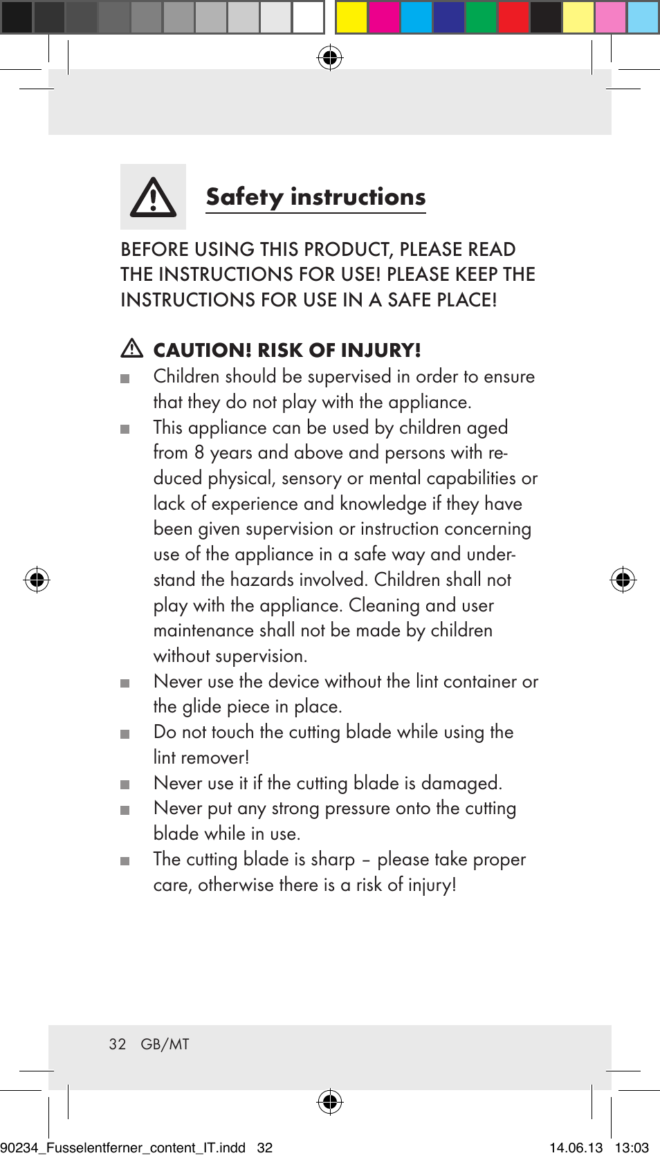 Safety instructions | Aquapur Z31511 Lint Remover User Manual | Page 32 / 45