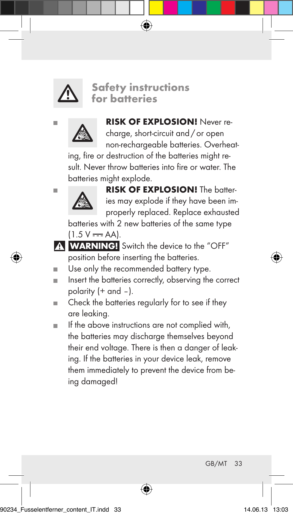 Safety instructions for batteries | Aquapur Z31511 Lint Remover User Manual | Page 33 / 45
