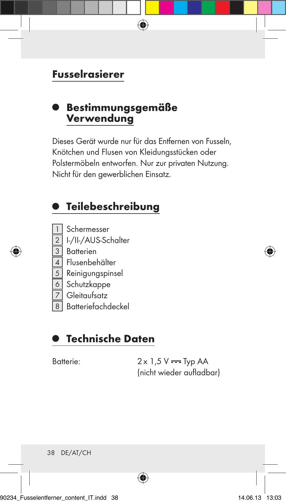 Fusselrasierer bestimmungsgemäße verwendung, Teilebeschreibung, Technische daten | Aquapur Z31511 Lint Remover User Manual | Page 38 / 45