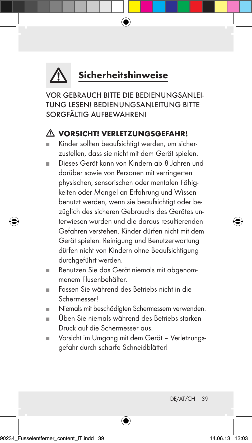 Sicherheitshinweise | Aquapur Z31511 Lint Remover User Manual | Page 39 / 45