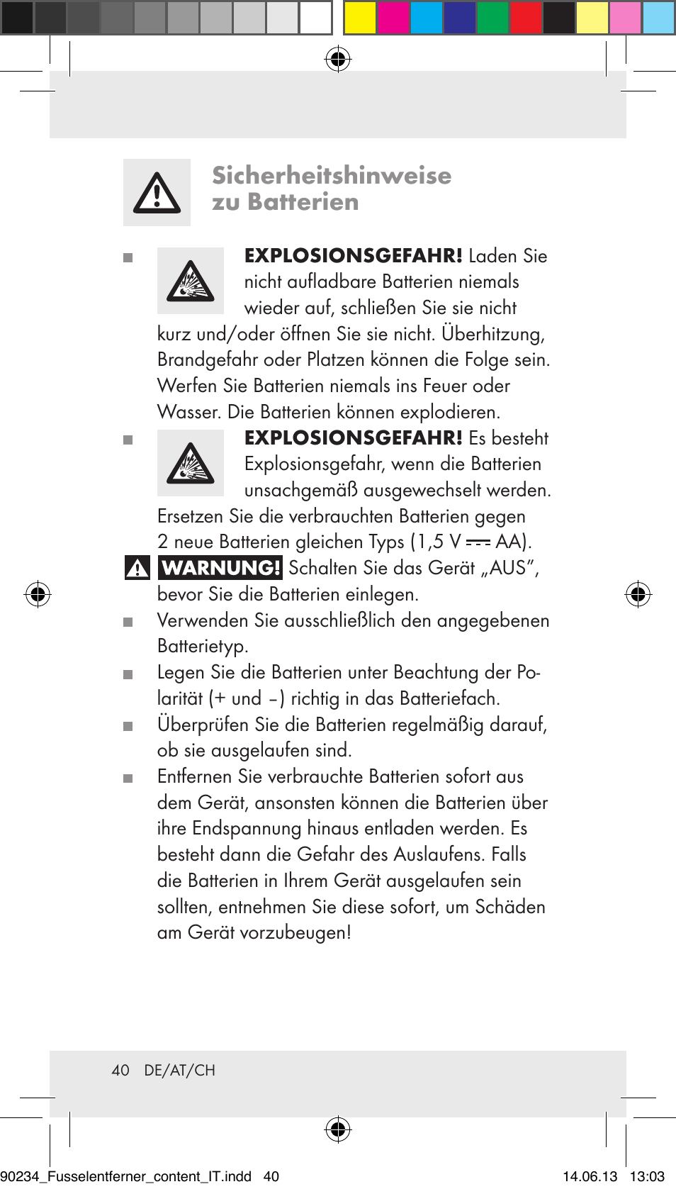 Sicherheitshinweise zu batterien | Aquapur Z31511 Lint Remover User Manual | Page 40 / 45