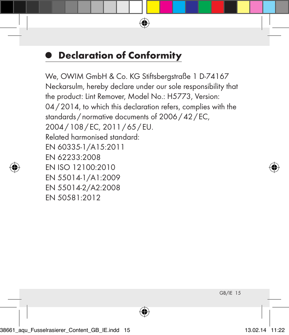 Declaration of conformity | Aquapur H5773 Lint Remover User Manual | Page 16 / 92