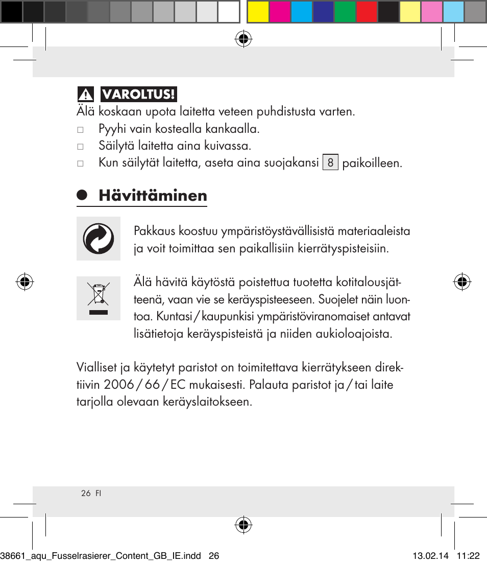 Hävittäminen | Aquapur H5773 Lint Remover User Manual | Page 27 / 92