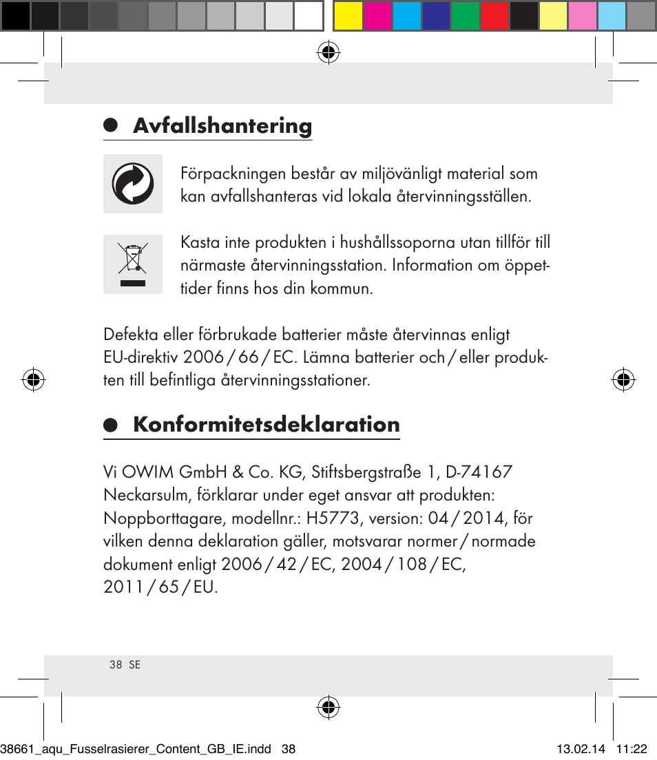 Avfallshantering, Konformitetsdeklaration | Aquapur H5773 Lint Remover User Manual | Page 39 / 92