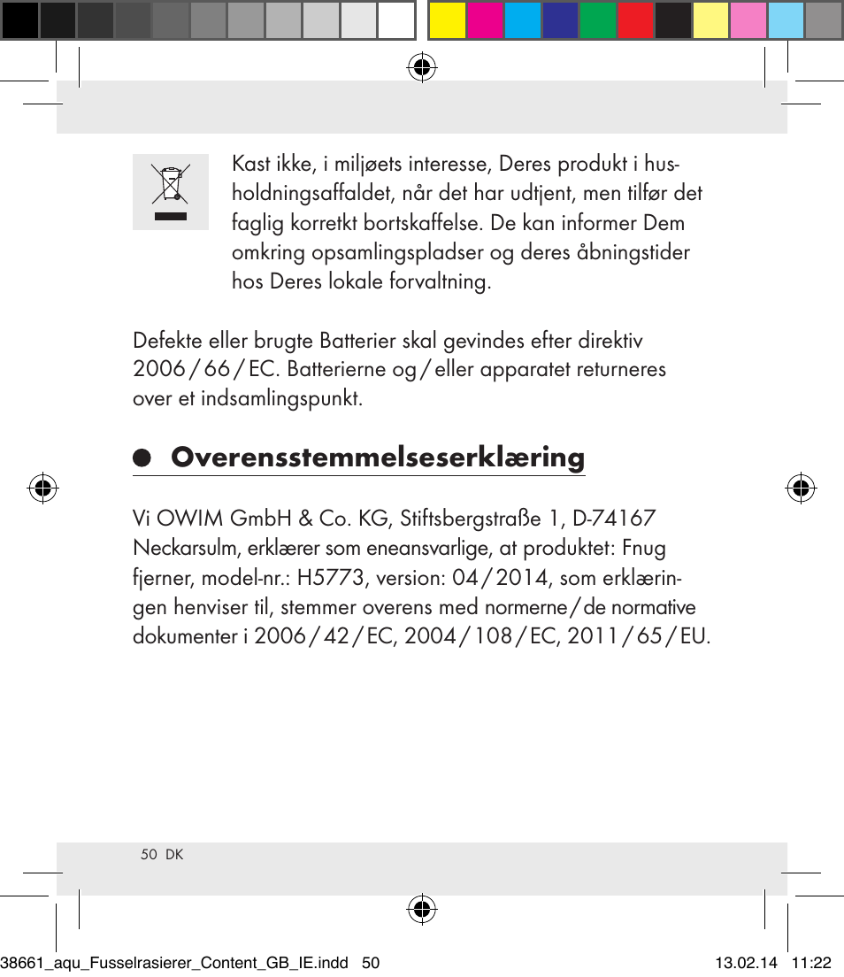 Overensstemmelseserklæring | Aquapur H5773 Lint Remover User Manual | Page 51 / 92