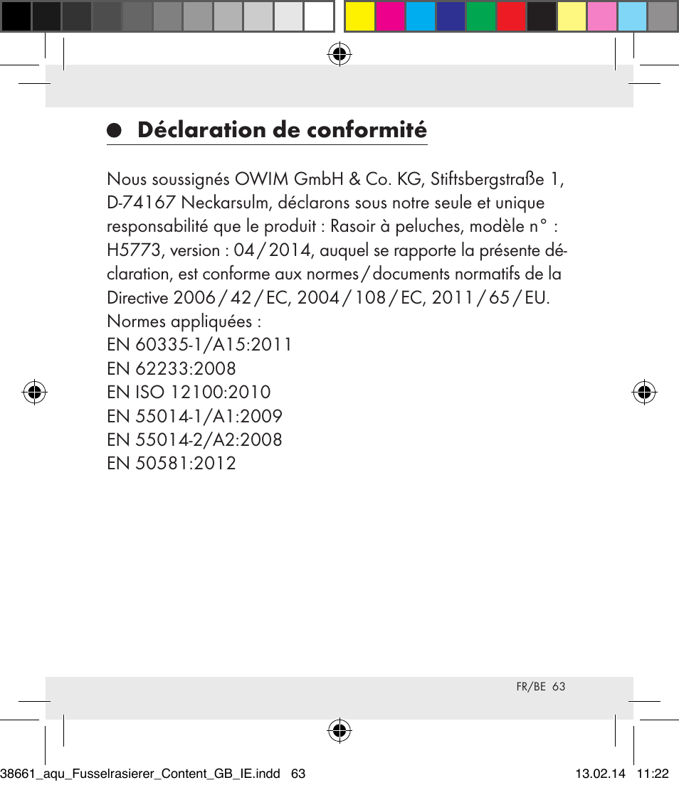 Déclaration de conformité | Aquapur H5773 Lint Remover User Manual | Page 64 / 92