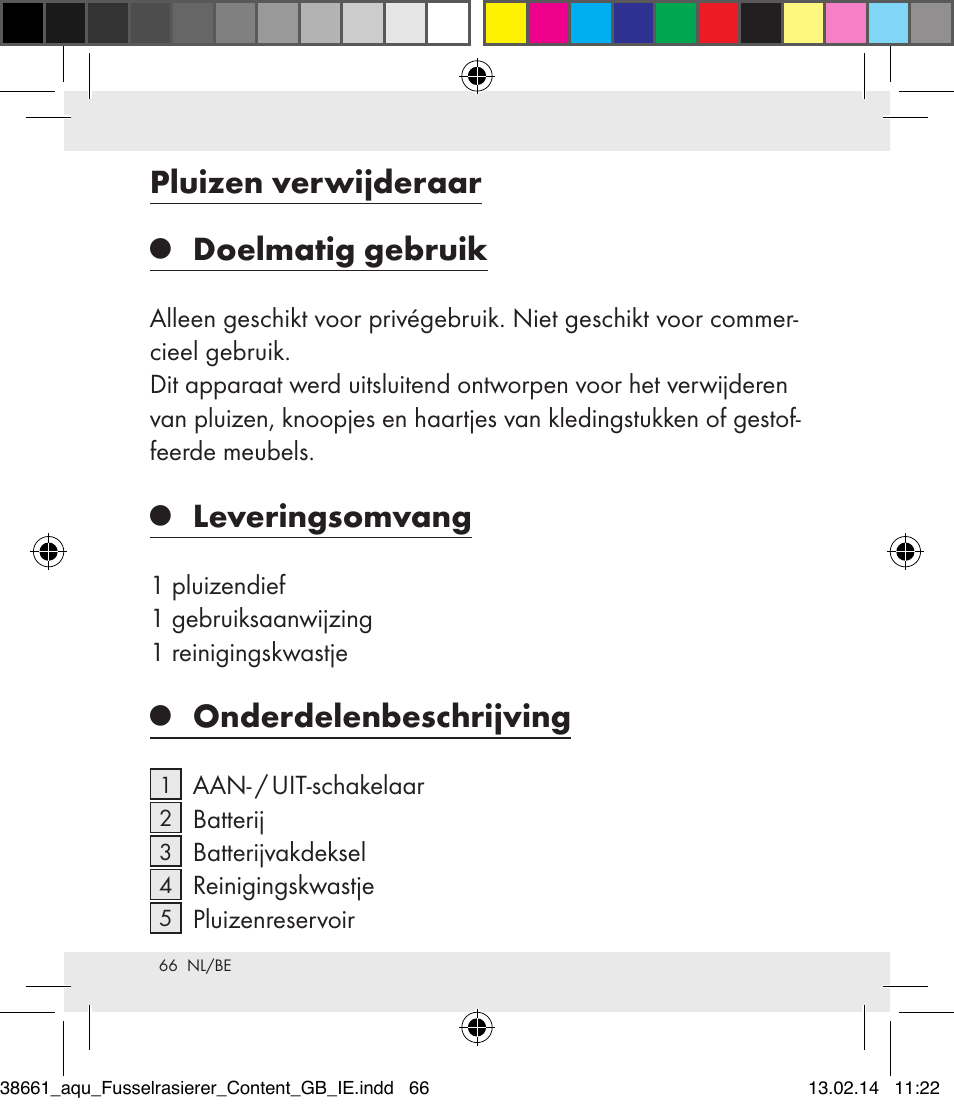 Pluizen verwijderaar, Doelmatig gebruik, Leveringsomvang | Onderdelenbeschrijving | Aquapur H5773 Lint Remover User Manual | Page 67 / 92