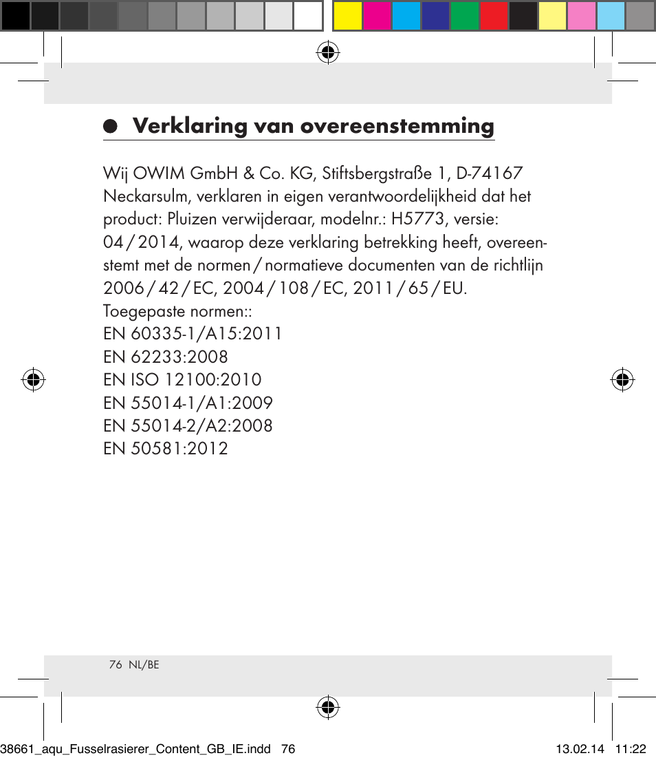 Verklaring van overeenstemming | Aquapur H5773 Lint Remover User Manual | Page 77 / 92